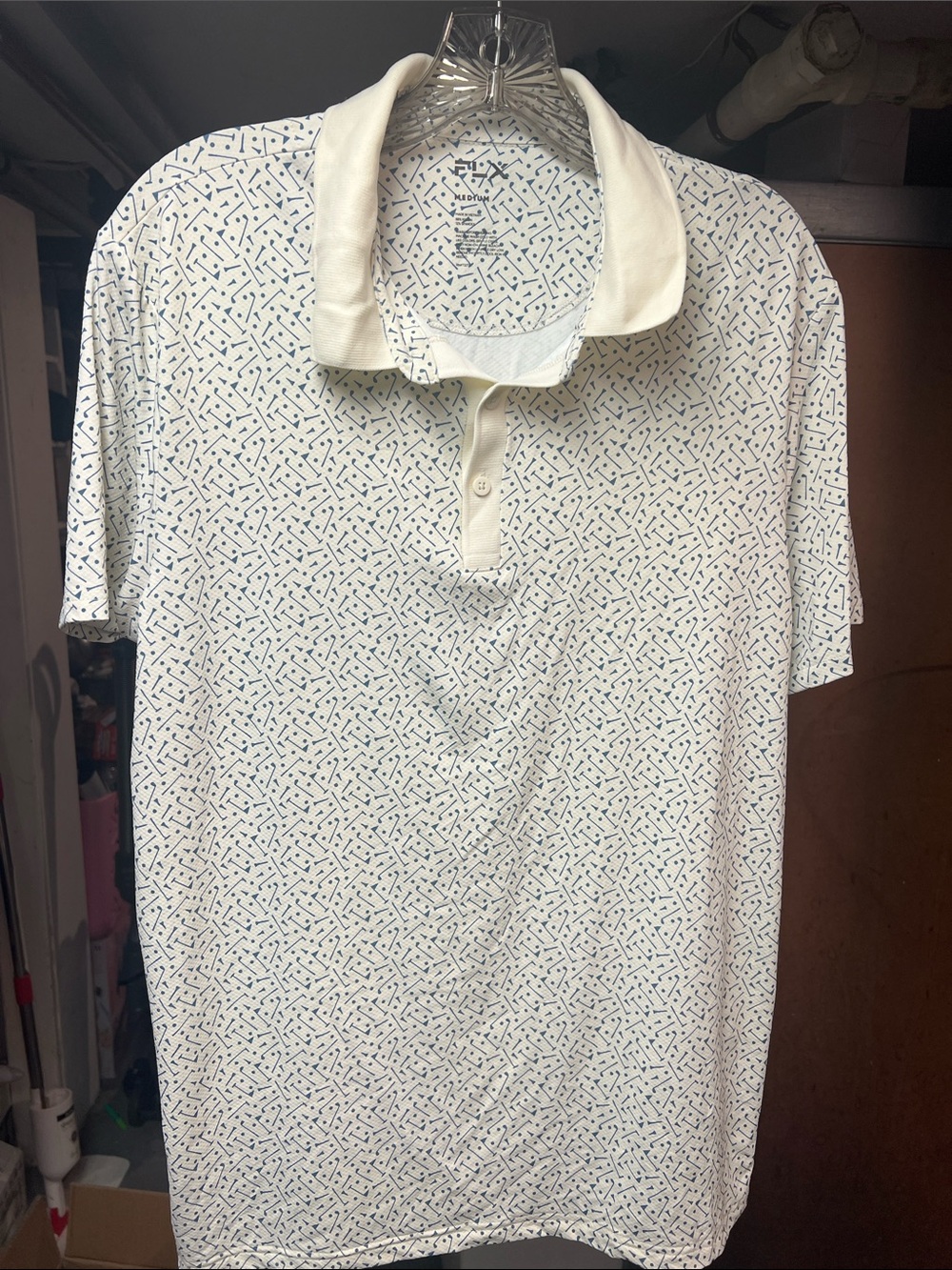 Men's White Polo Shirt with Navy Micro Print - Unbranded
